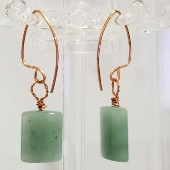 Handcrafted Copper-Wrapped Green Aventurine Dangle Earrings Heart Chakra Healing - Picture 2 of 3